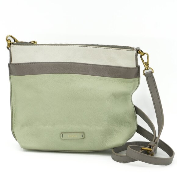 Fossil Crossbody Bag NEW Genuine Leather Mint Cream Color Block Messenger Purse - Picture 1 of 8